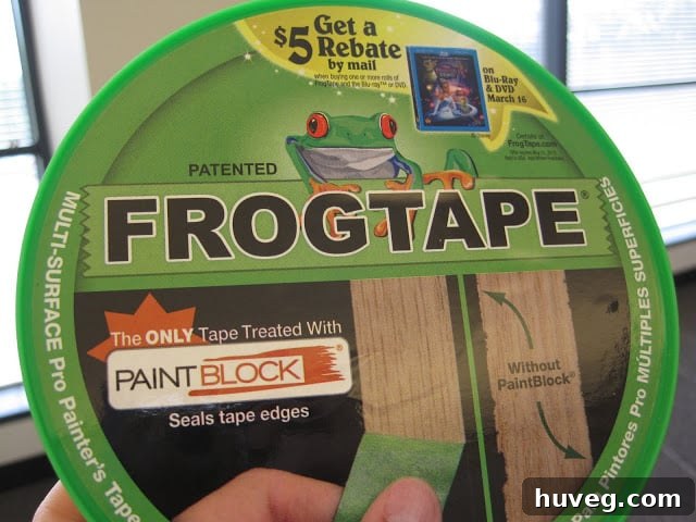 Close-up of a roll of green FrogTape painter's tape