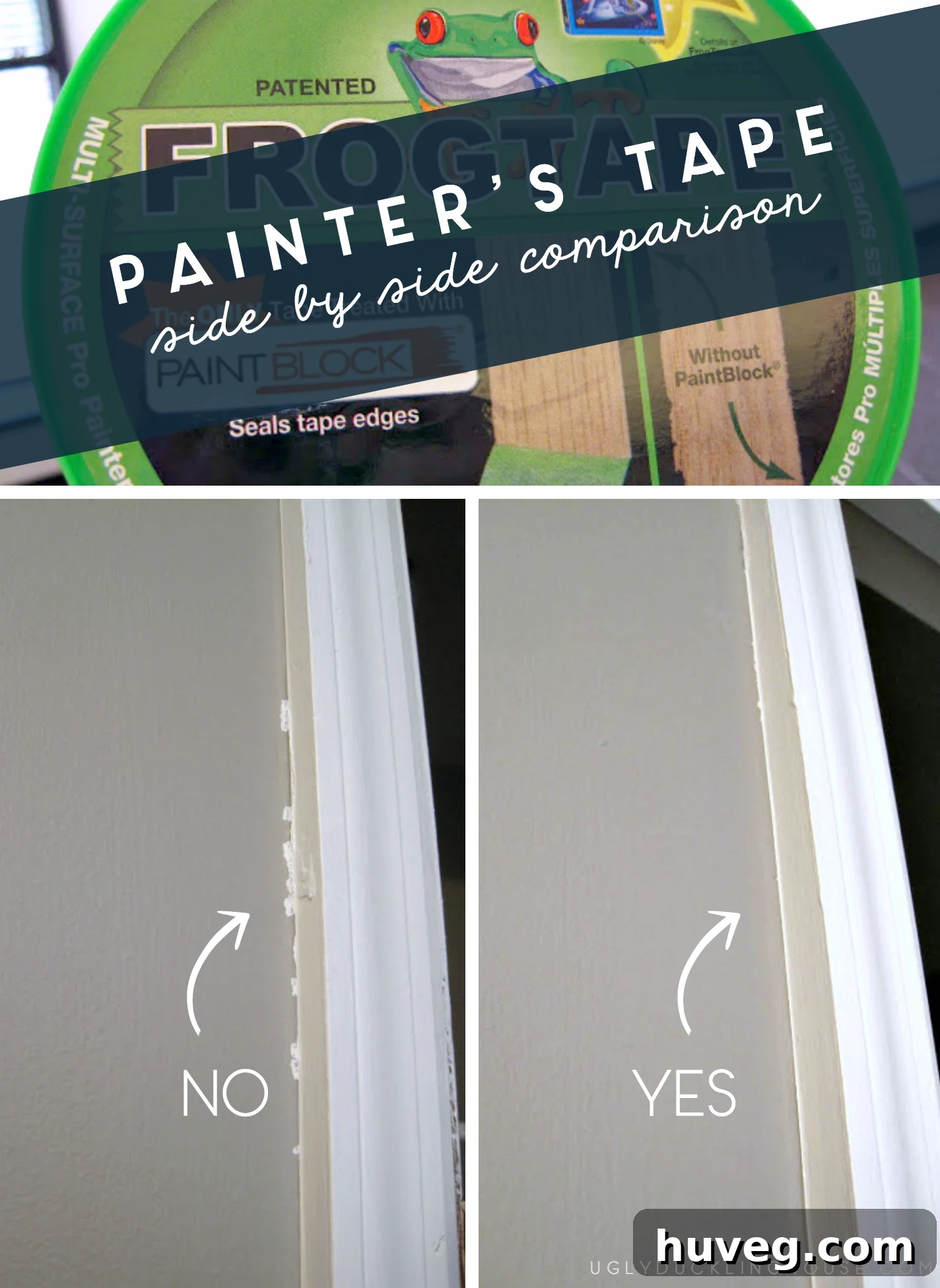Comparison image showing the difference in paint lines between FrogTape and blue tape