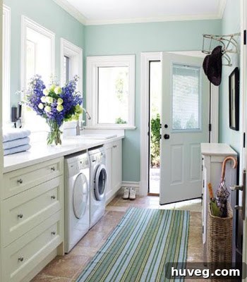 Chic white laundry room with open shelving, decorative baskets, and vibrant floor tiles