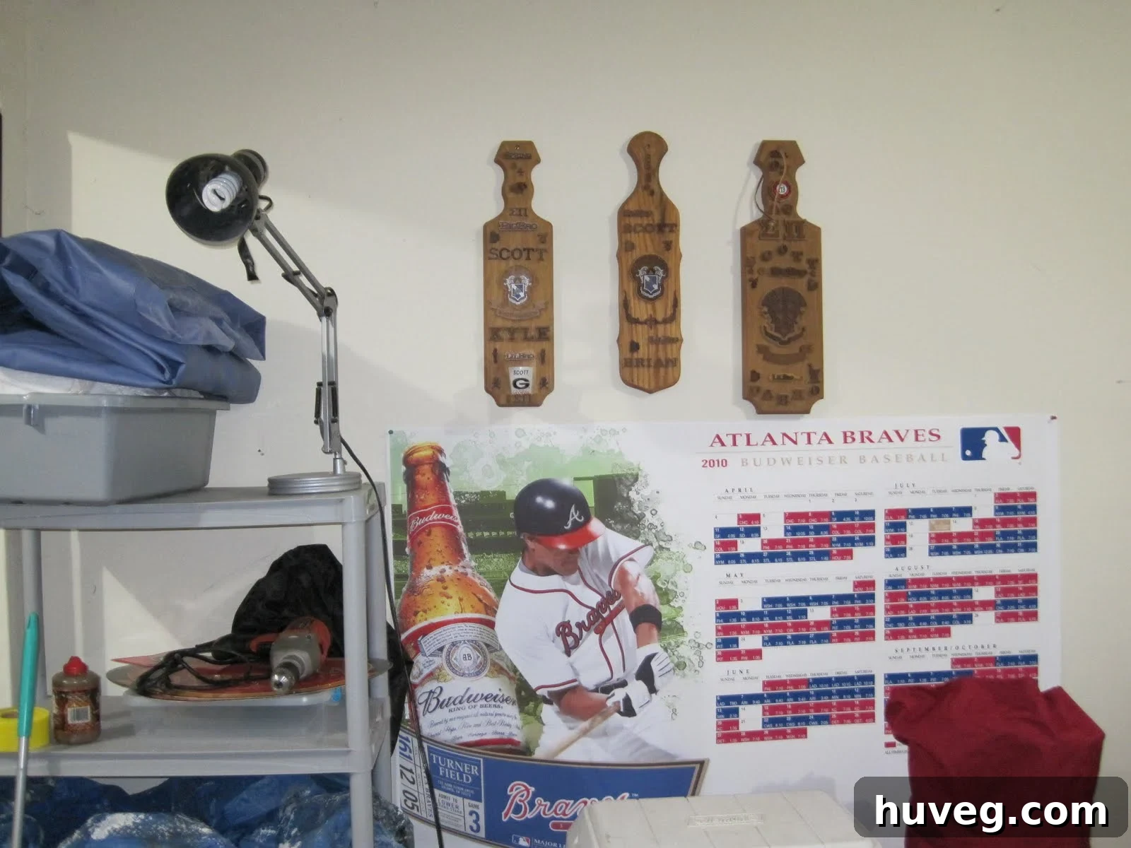 Garage "decor" with various beer industry memorabilia on the walls