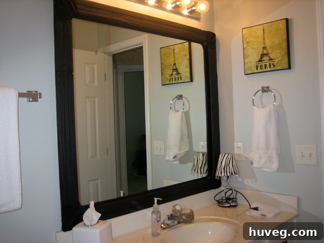 Close-up of a DIY transformed vanity mirror with a black frame and elegant ribbon accents, complemented by a small animal print lamp and 'Paris' themed wall art.