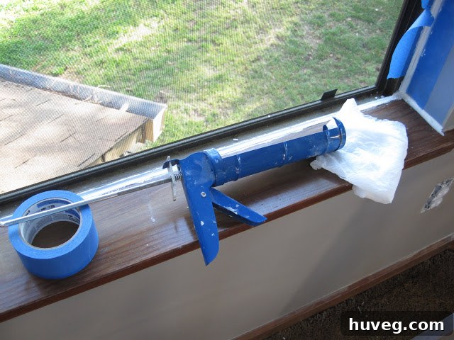 Applying caulk to a window frame with a caulk gun for sealing