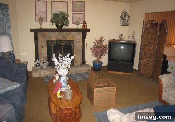 A super dated living room with a prominent blue color scheme before renovation.