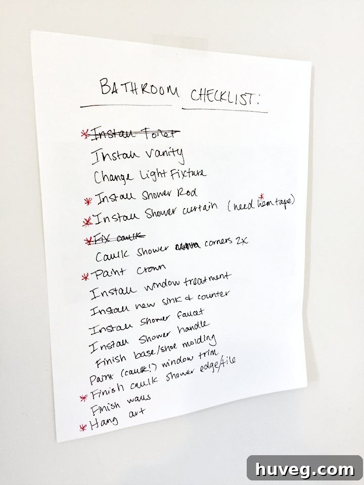 Primary bathroom renovation checklist progress