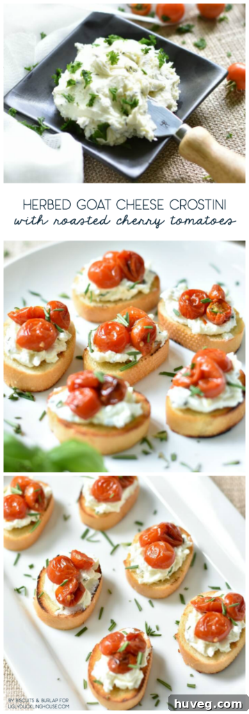 Final presentation of herbed goat cheese crostini with roasted cherry tomatoes on a serving board.