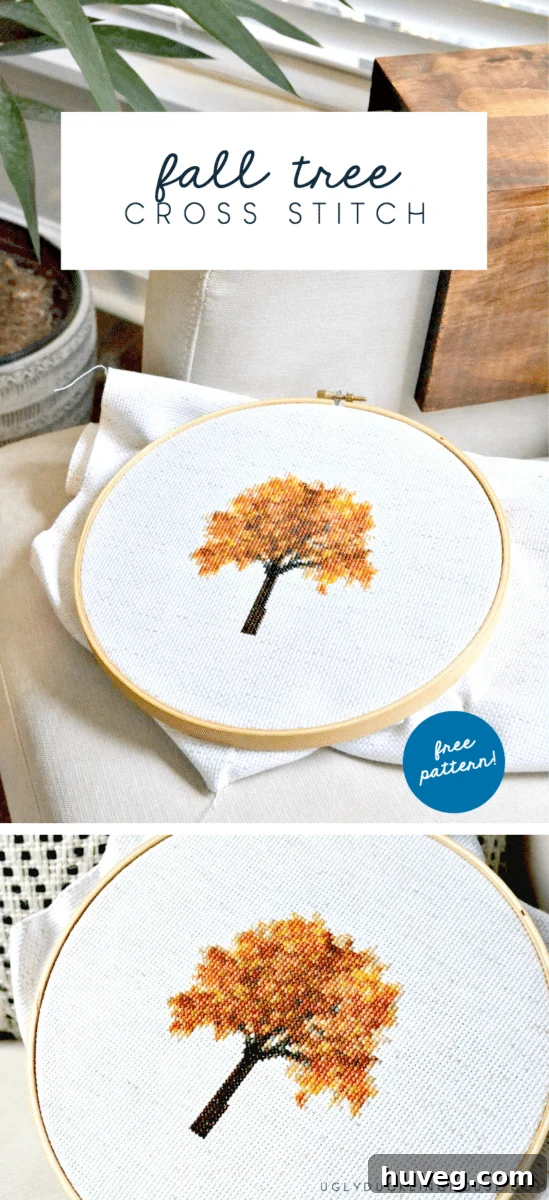 Captivating fall tree cross stitch design, perfect for autumn decor and easy enough for quick completion.
