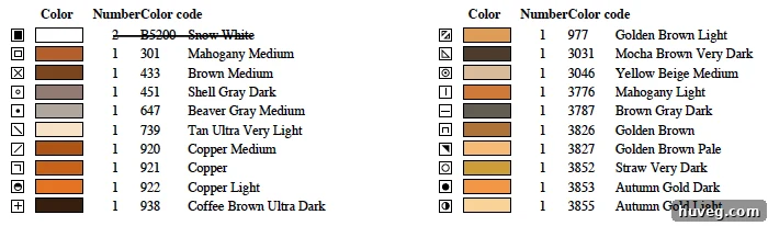 DMC color code list for a fall tree cross stitch, indicating required thread colors.