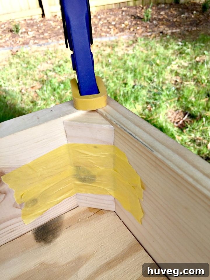 Gluing in corner reinforcements for the DIY outdoor drink station tray