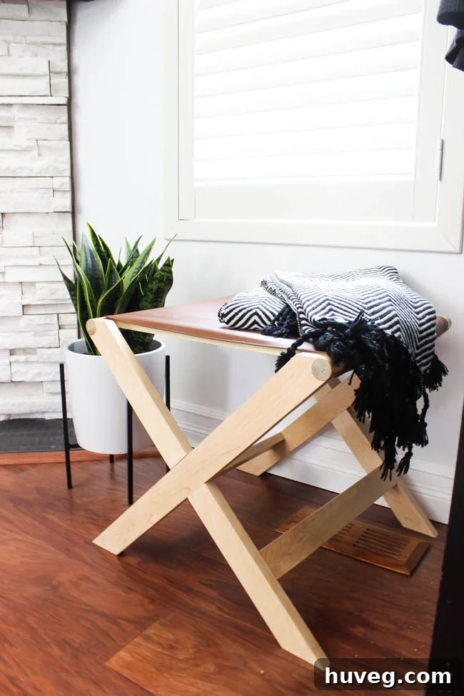 DIY Modern Leather Bench by Lindi with a realistic touch of sawdust on the floor, showcasing authentic DIY