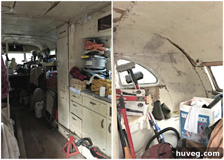 A sneak peek inside the old Spartan camper, revealing its current rustic and untouched interior.