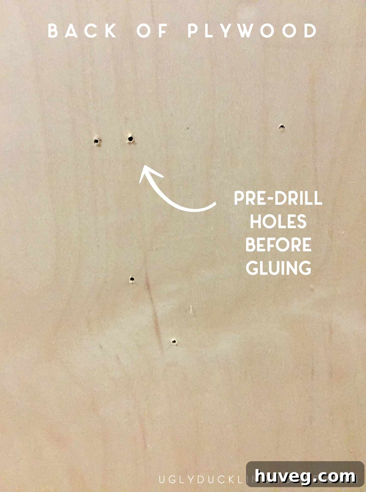 Pre-drilling screw holes in plywood before gluing to prevent wood splitting during assembly
