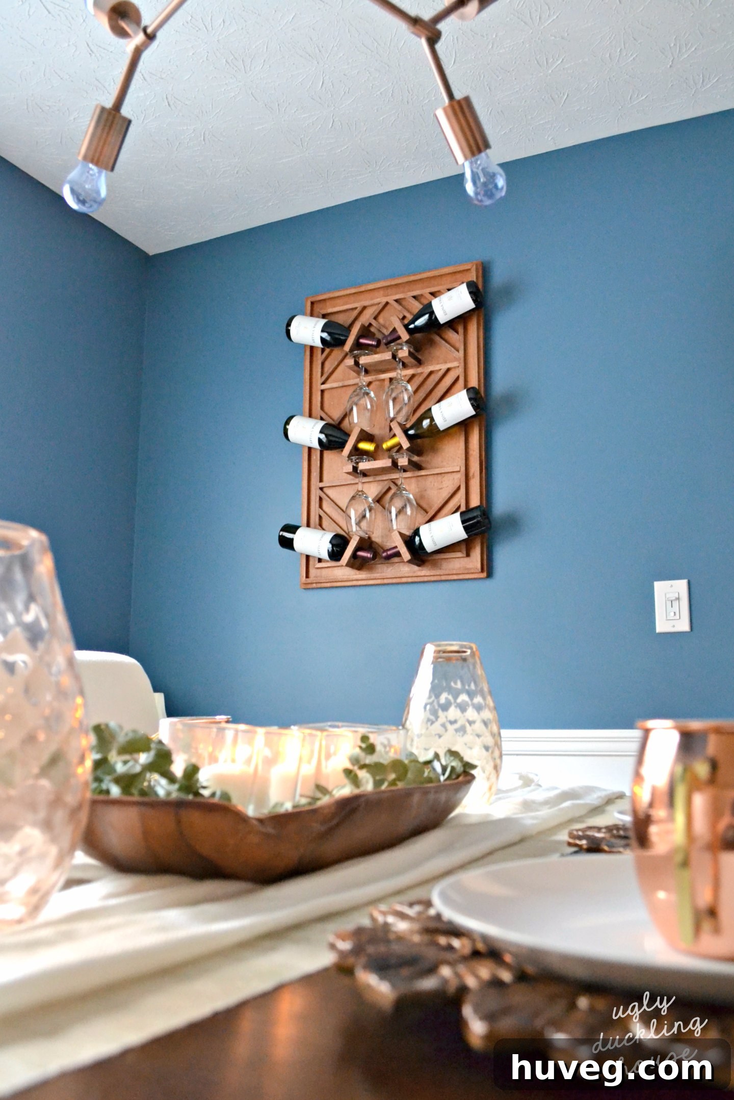 View of the new wine rack from the dining table, showing how it integrates into the room