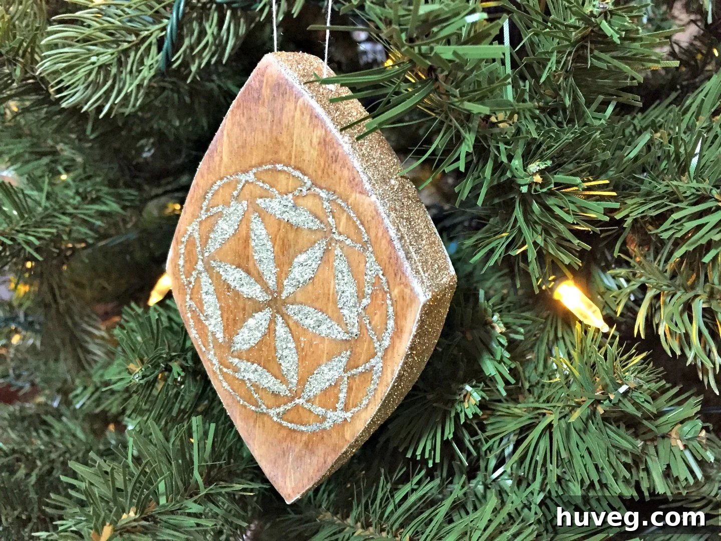 scrap wood ornament using german glass glitter inlay