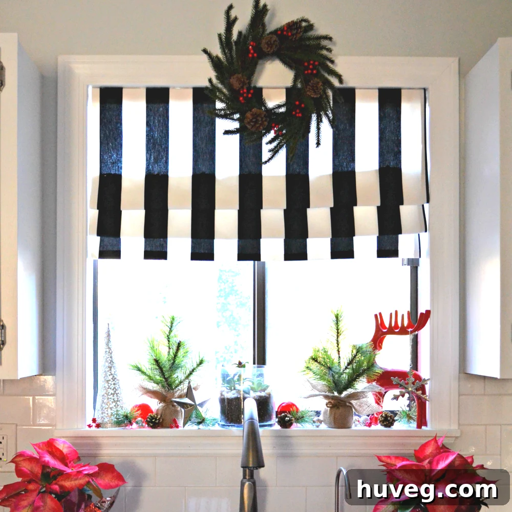 decorated christmas kitchen window with festive decor