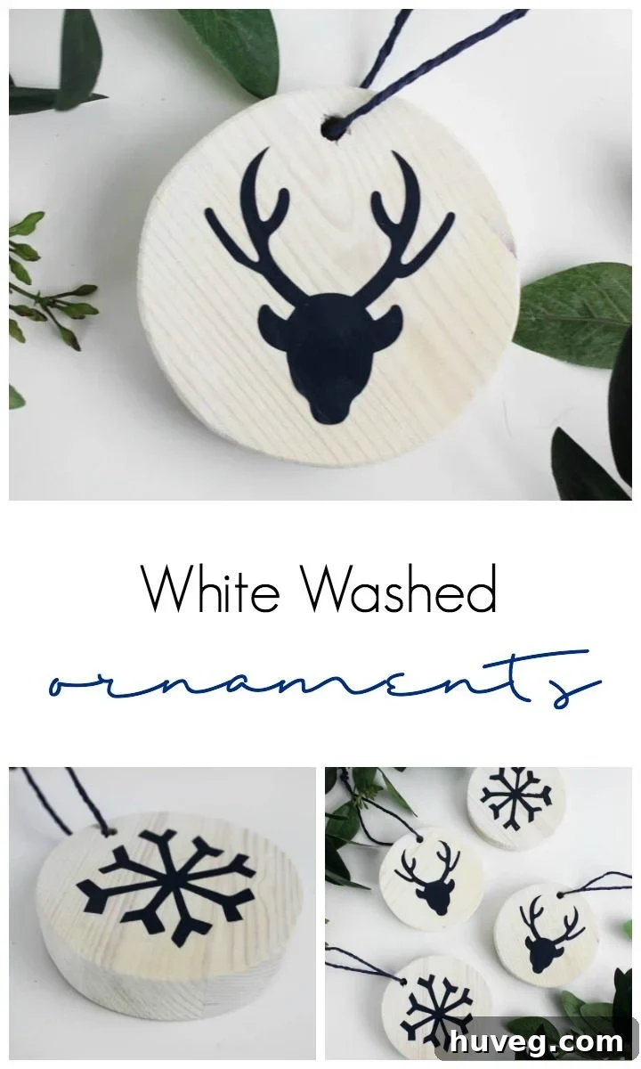 Easy white washed wood ornaments for a rustic Christmas tree decor