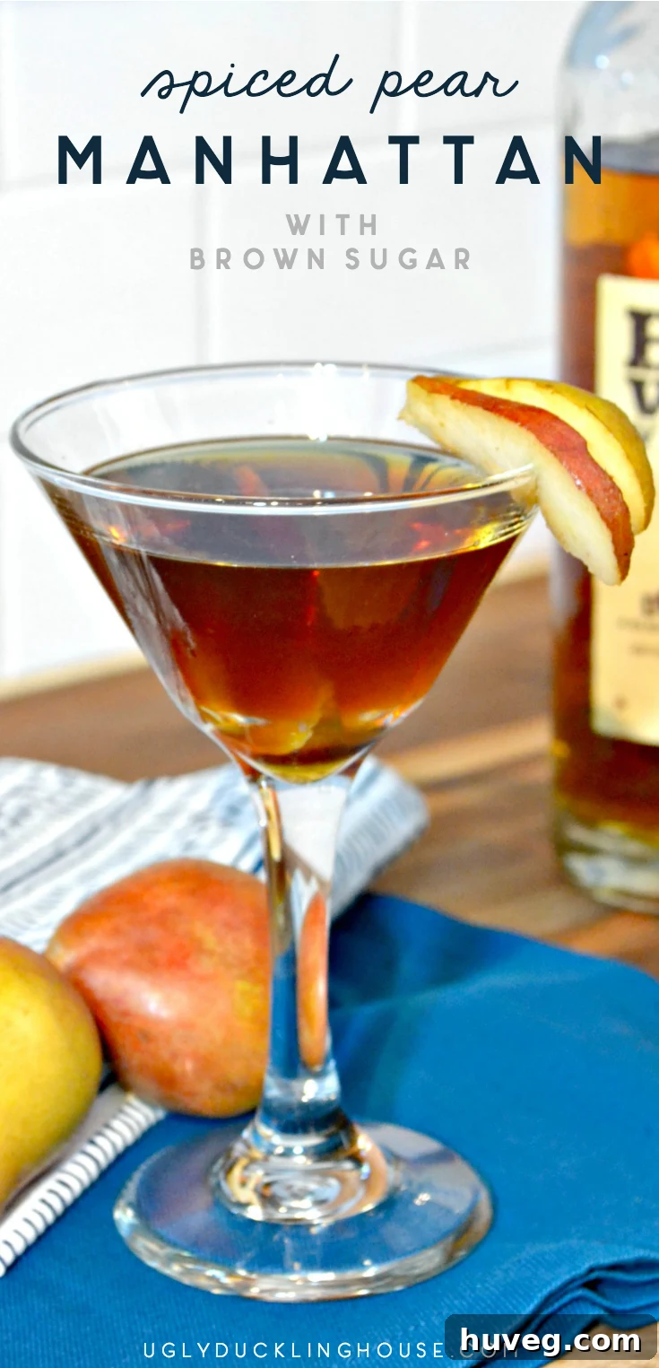 Spiced Pear Manhattan with homemade brown sugar simple syrup, ready for a fall evening