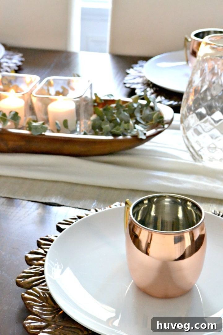 copper mugs on thanksgiving table