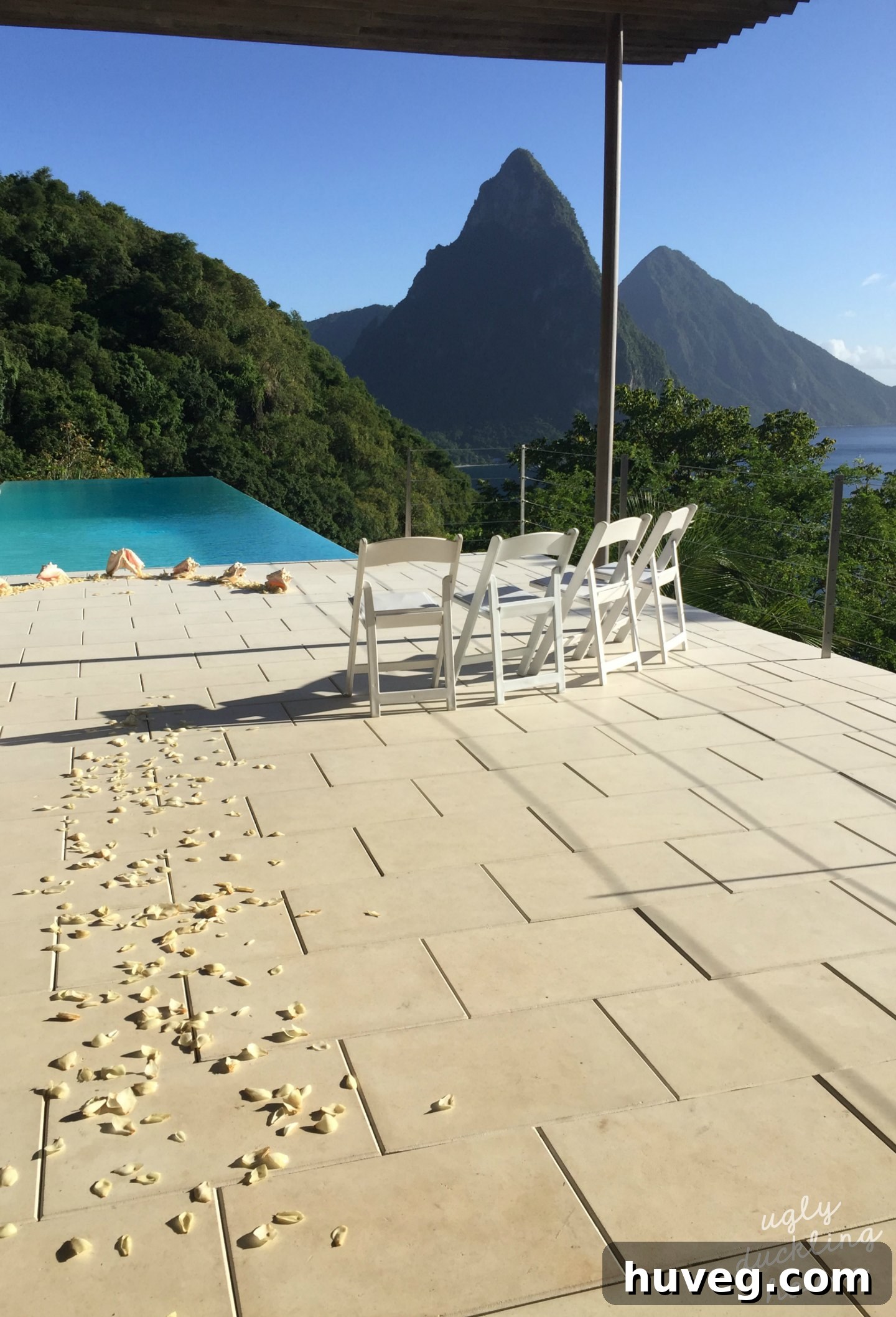 vow renewal St Lucia - ugly duckling house - petals and view