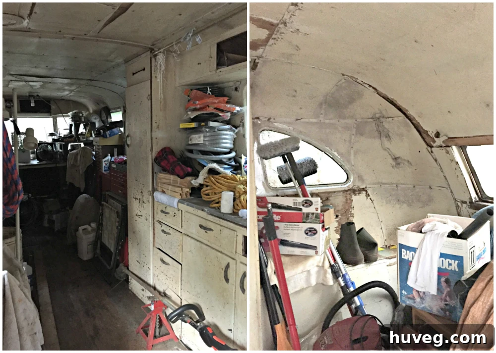 A sneak peek inside the extremely dirty and cluttered interior of the old Spartan camper, showing grim conditions.