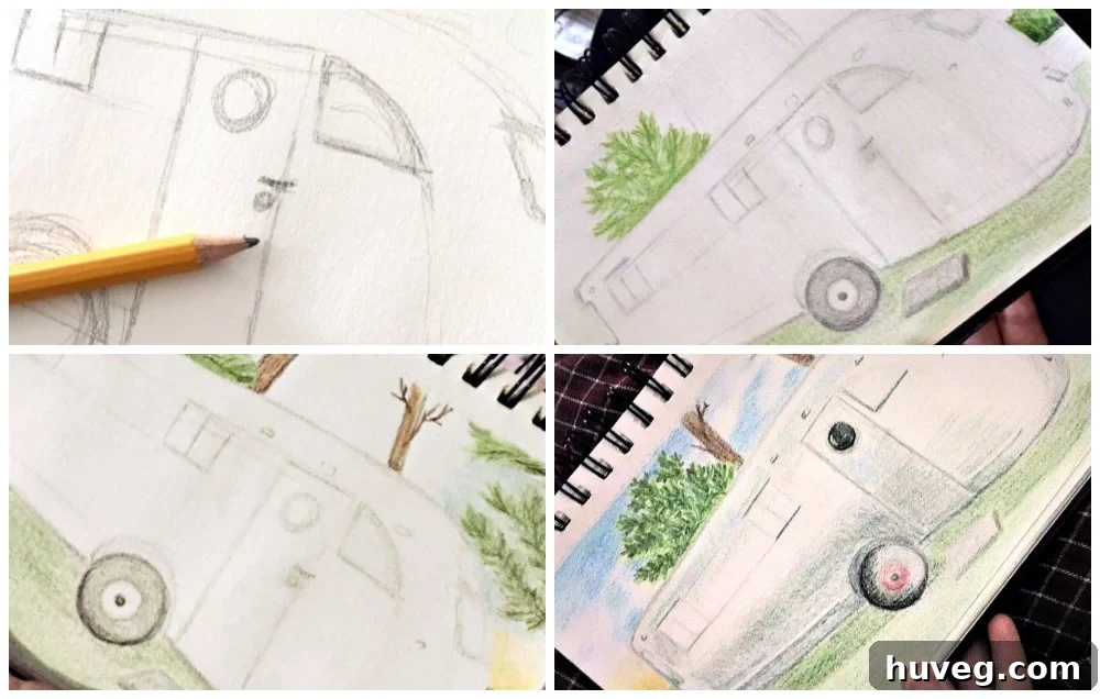 A colored pencil drawing of the vintage camper trailer from an exterior angle, highlighting its shape.