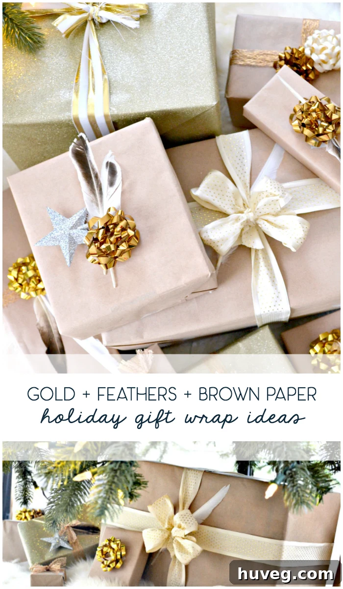 gold + feathers + brown paper holiday gift wrap ideas
