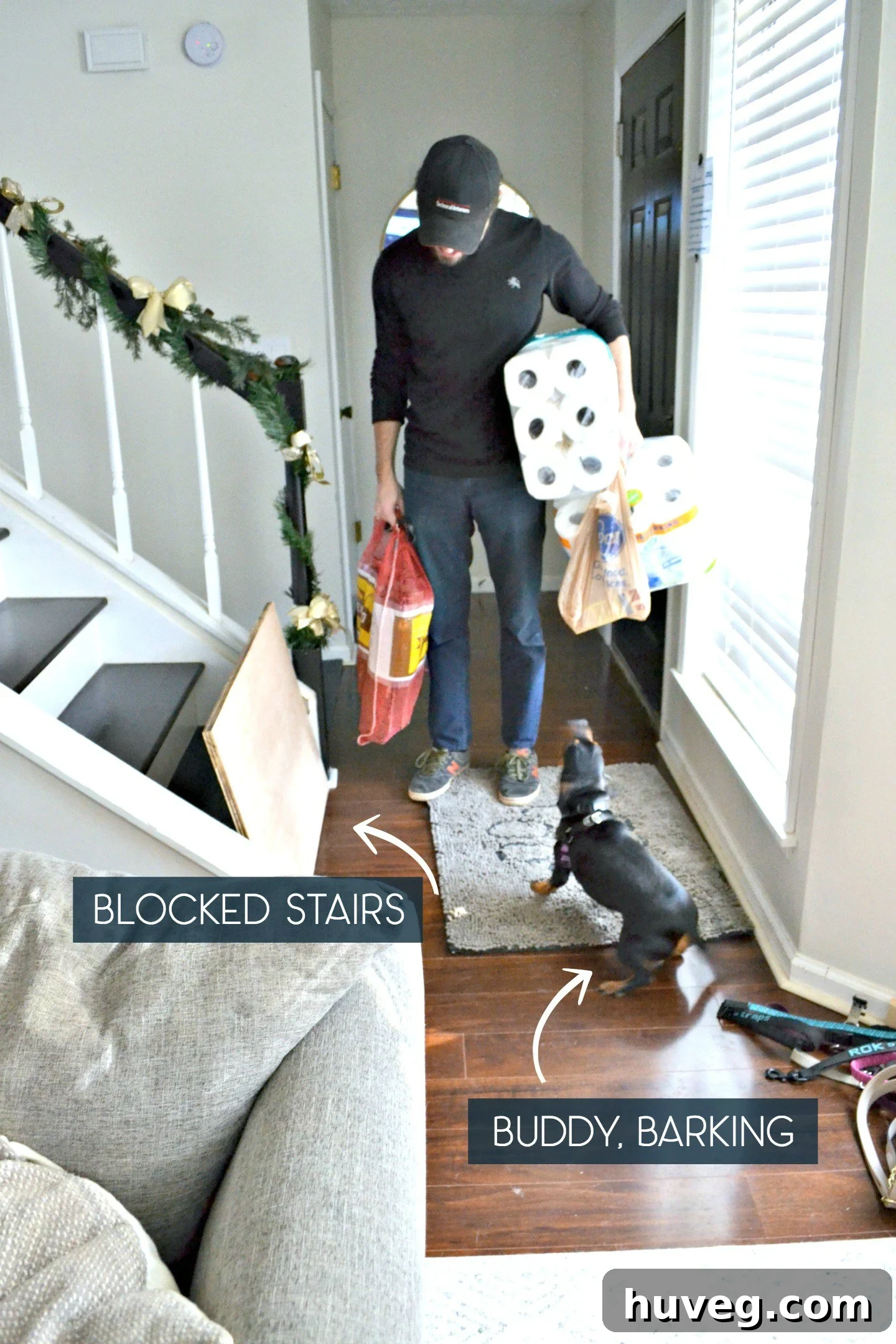 A vibrant scene depicting the lively chaos of family members and pets entering the house, full of energy and holiday cheer.