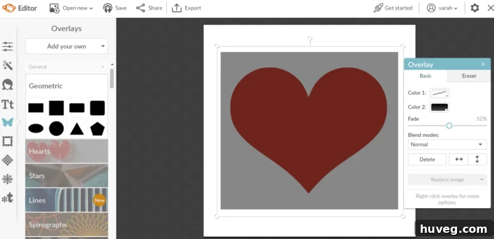 Black transparent overlay placed on top of the heart shape in PicMonkey