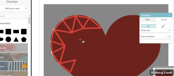 Heart shape with geometric triangle cutouts created using the eraser tool