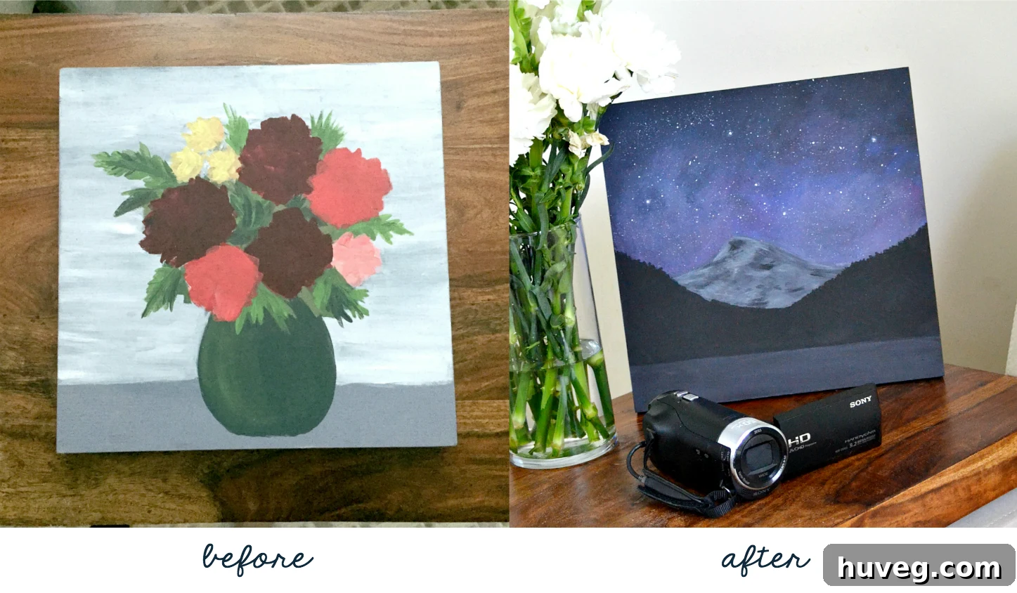 before and after - mountain sky painting - how to paint over old canvas