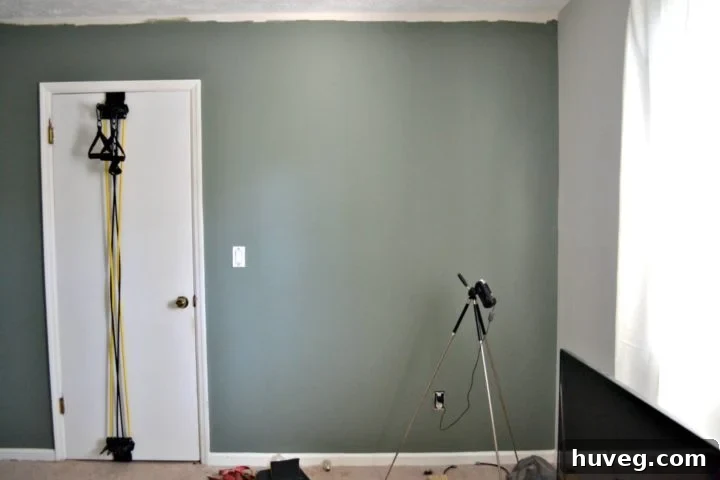 Guest bedroom wall painted in Sherwin Williams Retreat before picture ledge installation