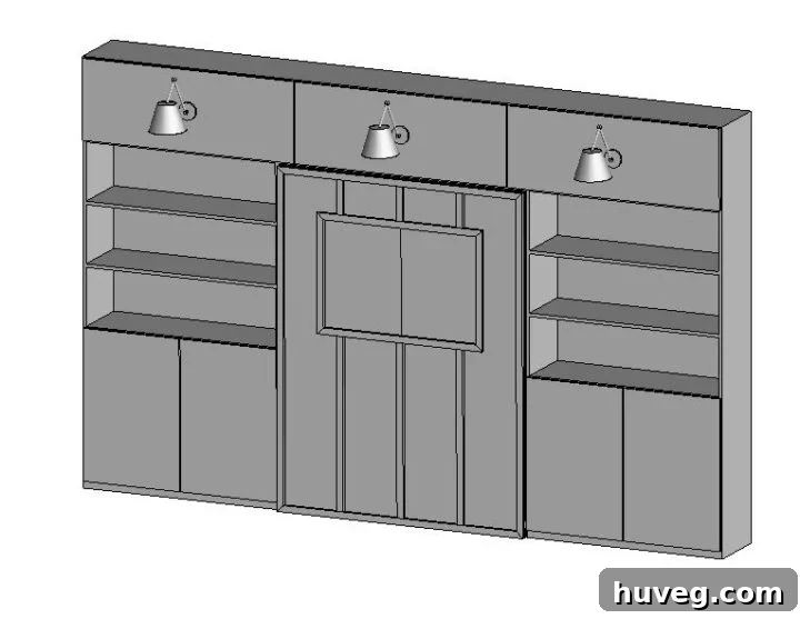 murphy bed with center bed unit and built in shelves and cabinets on both sides