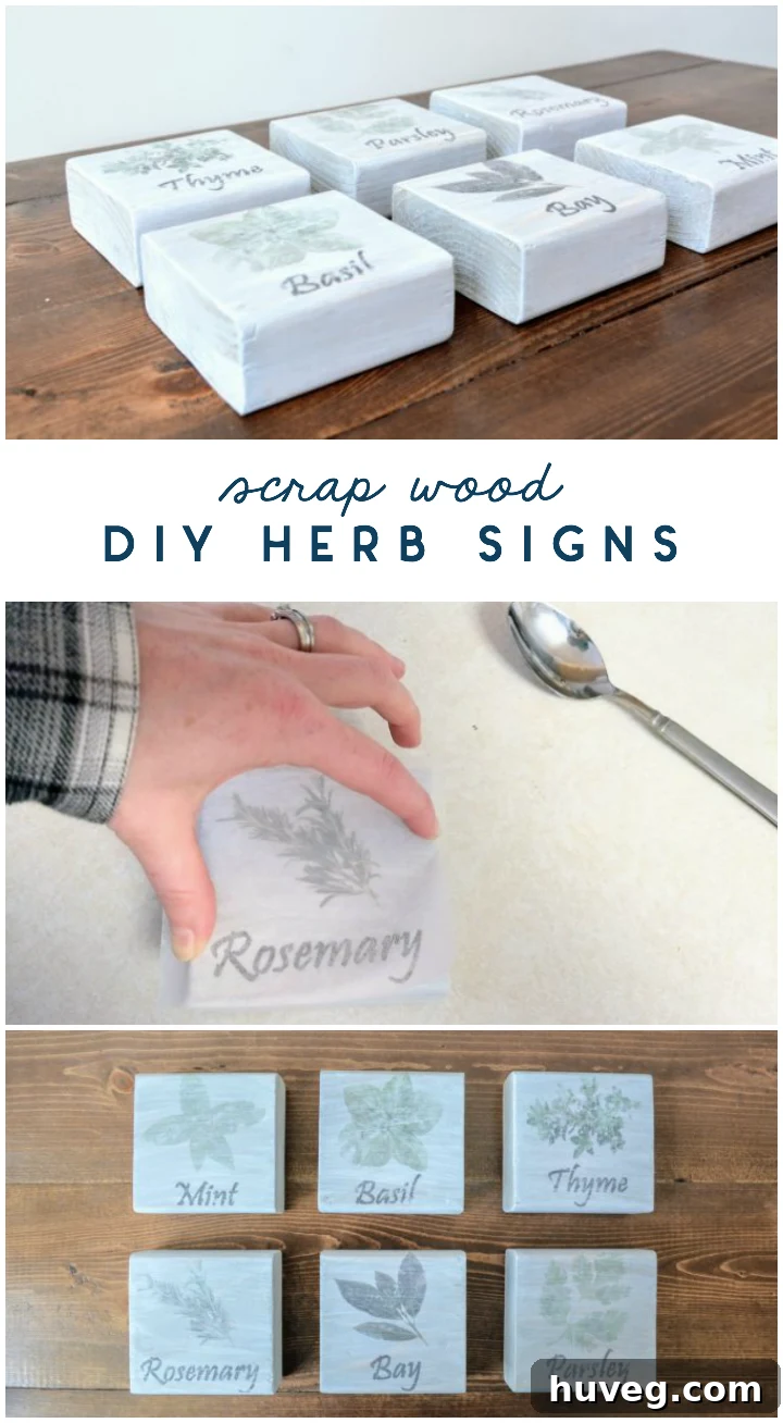 Collection of scrap wood DIY herb signs with various herb names for kitchen decor