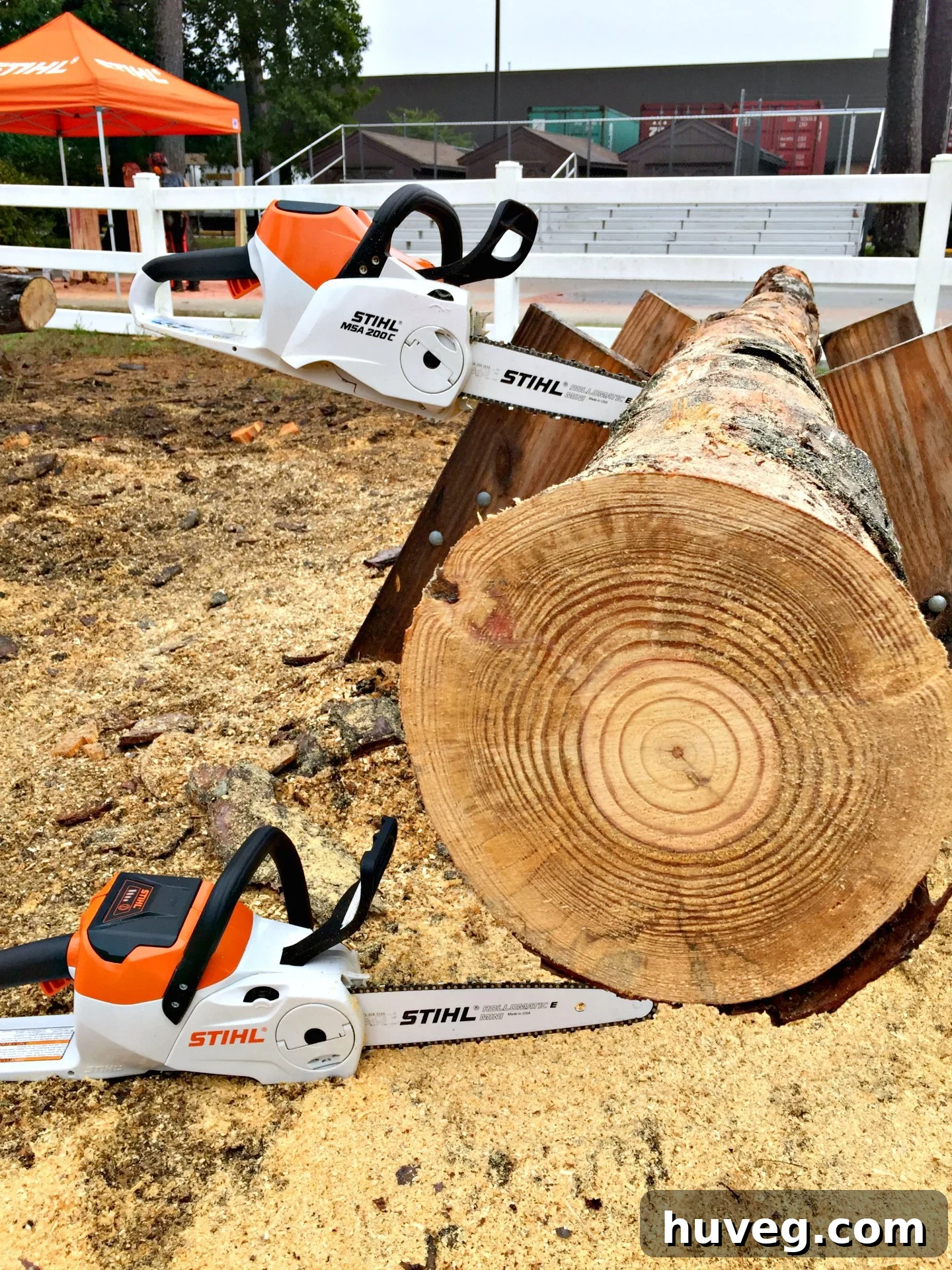 Women operating STIHL battery-powered chainsaws with protective gear