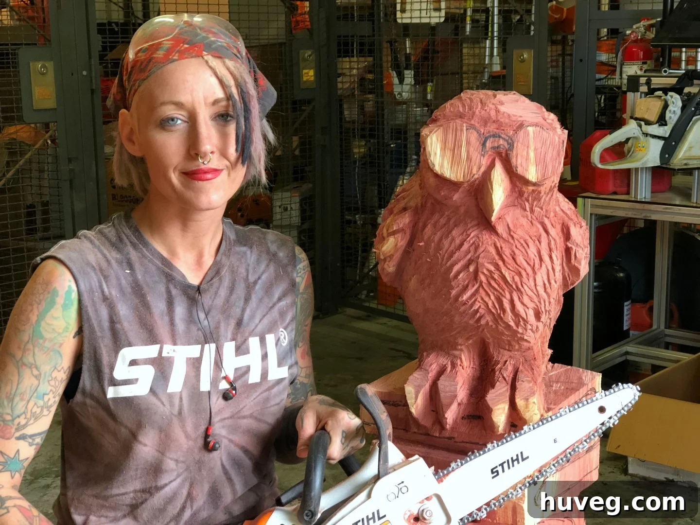 Chainsaw artist Griffon Ramsey focused on carving wood with a STIHL chainsaw