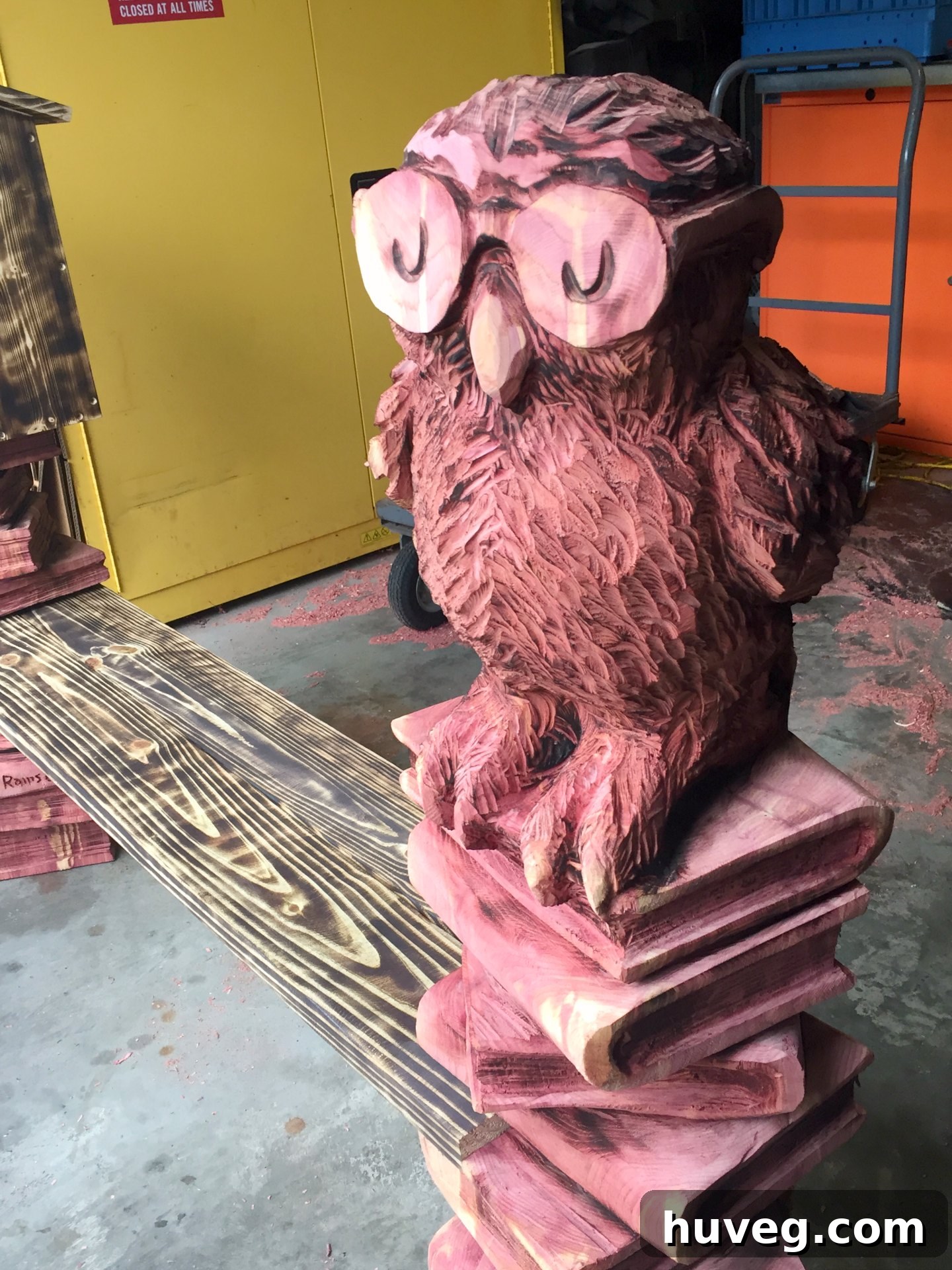 Full view of chainsaw carved owl and detailed book deposit bench by Griffon Ramsey for STIHL