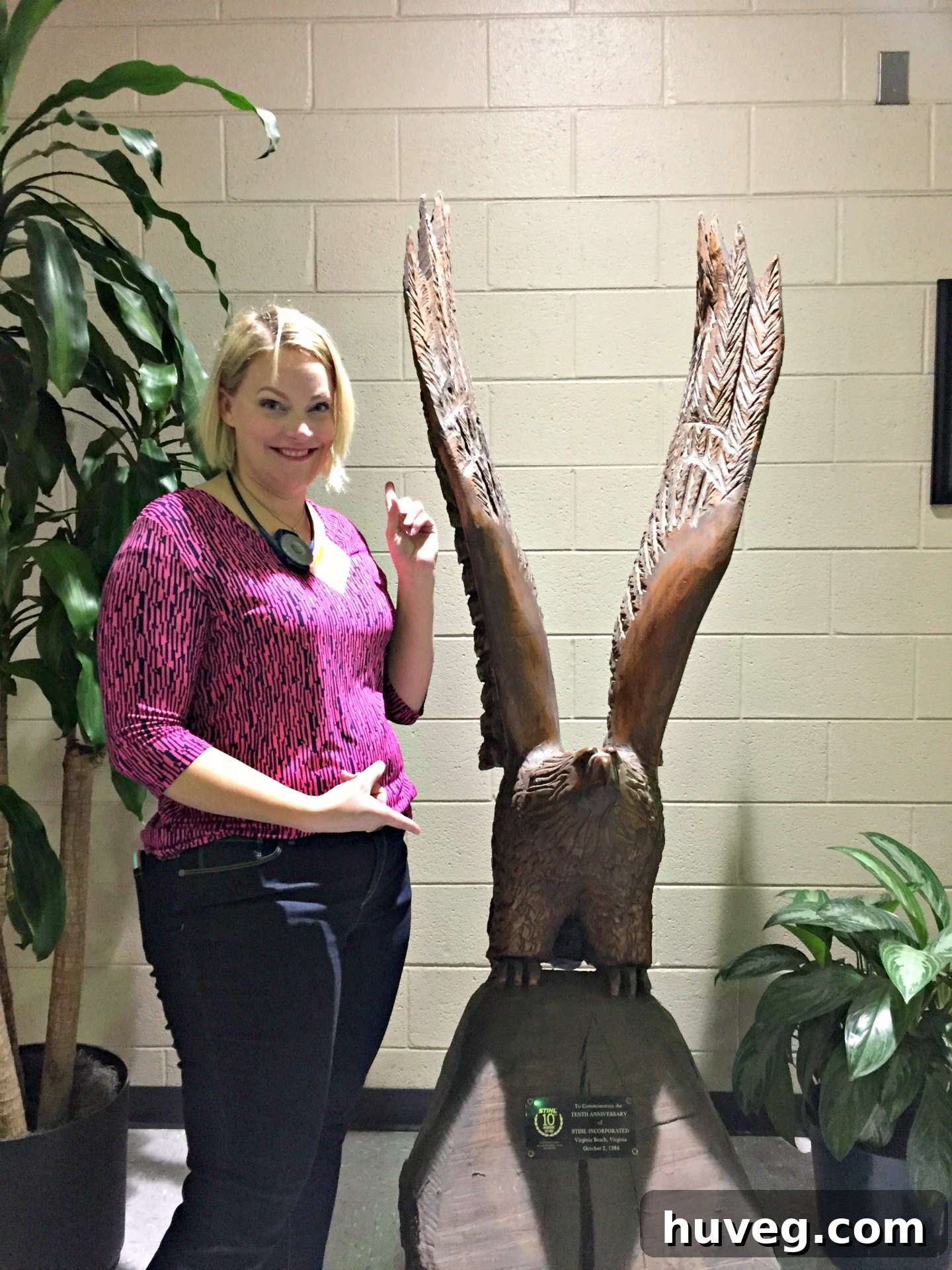 Wood carving by Remodelaholic's father displayed at STIHL headquarters