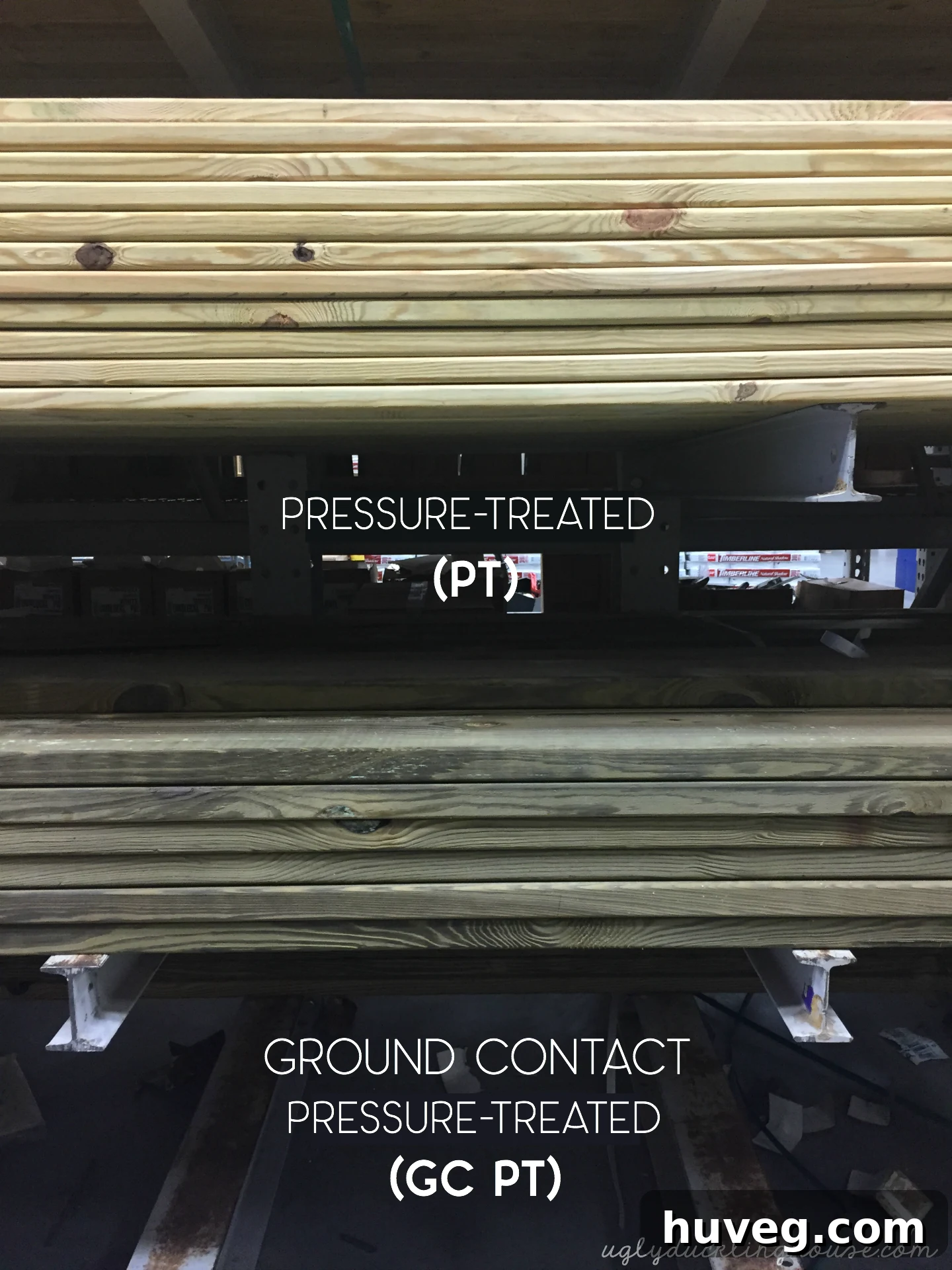 A comparative image showing the visual differences between pressure-treated lumber and ground contact lumber.
