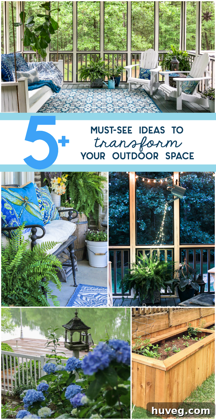 A collage of five inspiring gardening and outdoor DIY ideas including raised beds, porch decor, and whimsical lights, designed to transform any outdoor space.