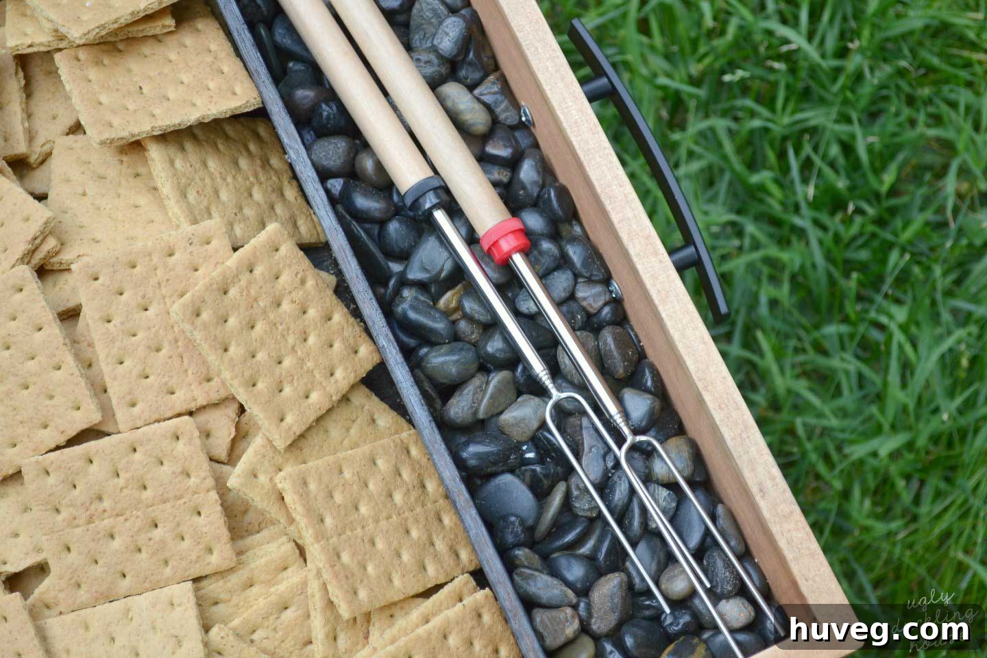 Here is the new s’mores roasting tray with sticks and graham crackers ready to go