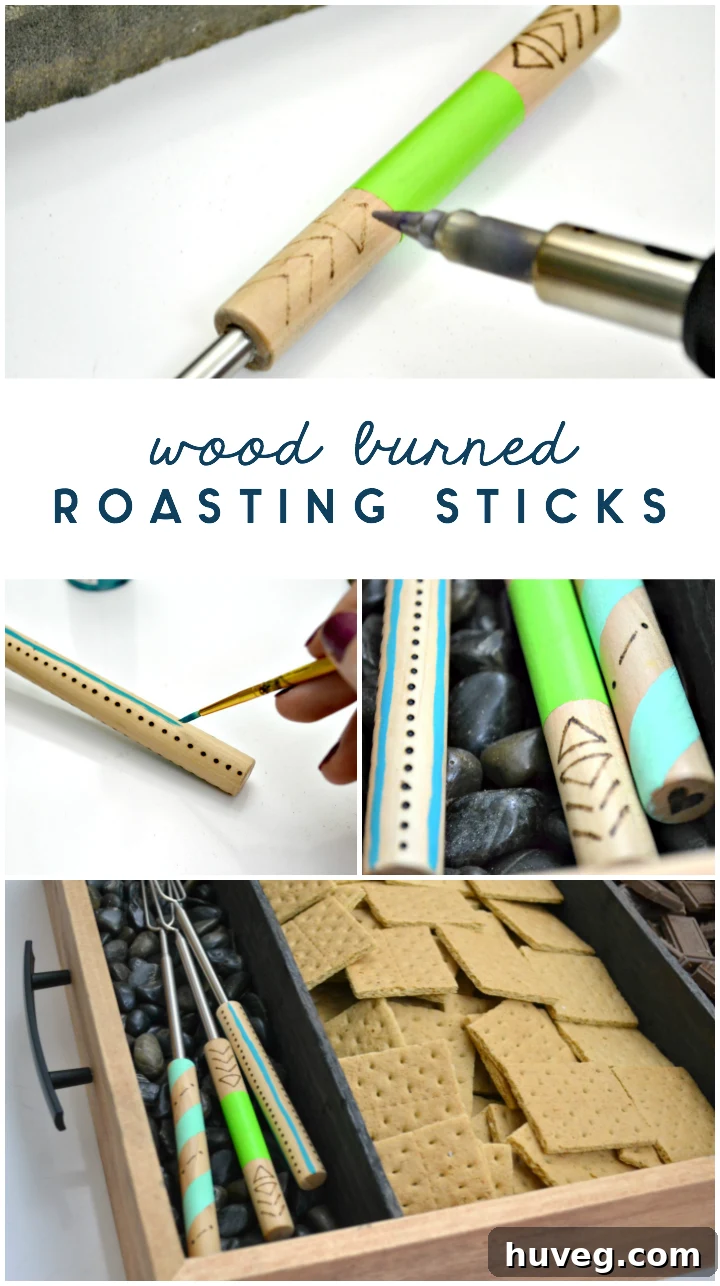 DIY wood-burned roasting sticks tutorial using a soldering iron for personalized designs
