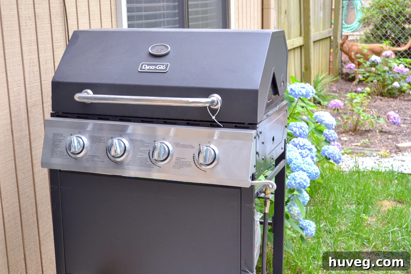 new grill and hydrangeas on patio