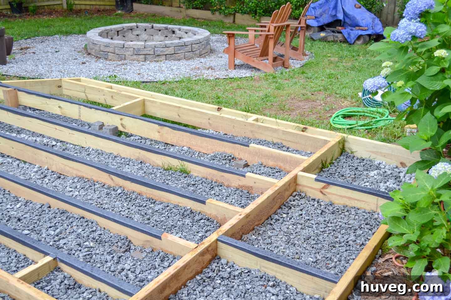 floating deck frame near fire pit