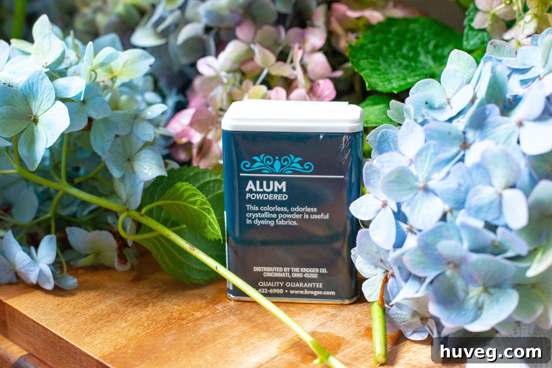 A small container of alum powder, an essential household spice, known for its ability to keep freshly cut hydrangea bouquets vibrant and prevent wilting, ensuring lasting beauty.