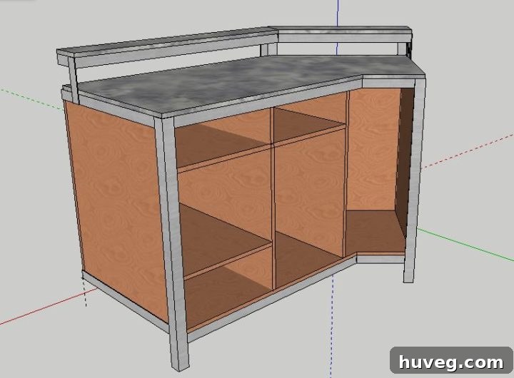 Wood panels attached to the metal frame of the industrial desk