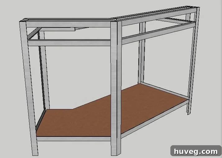 Dry-fitting the bottom shelf of the industrial desk