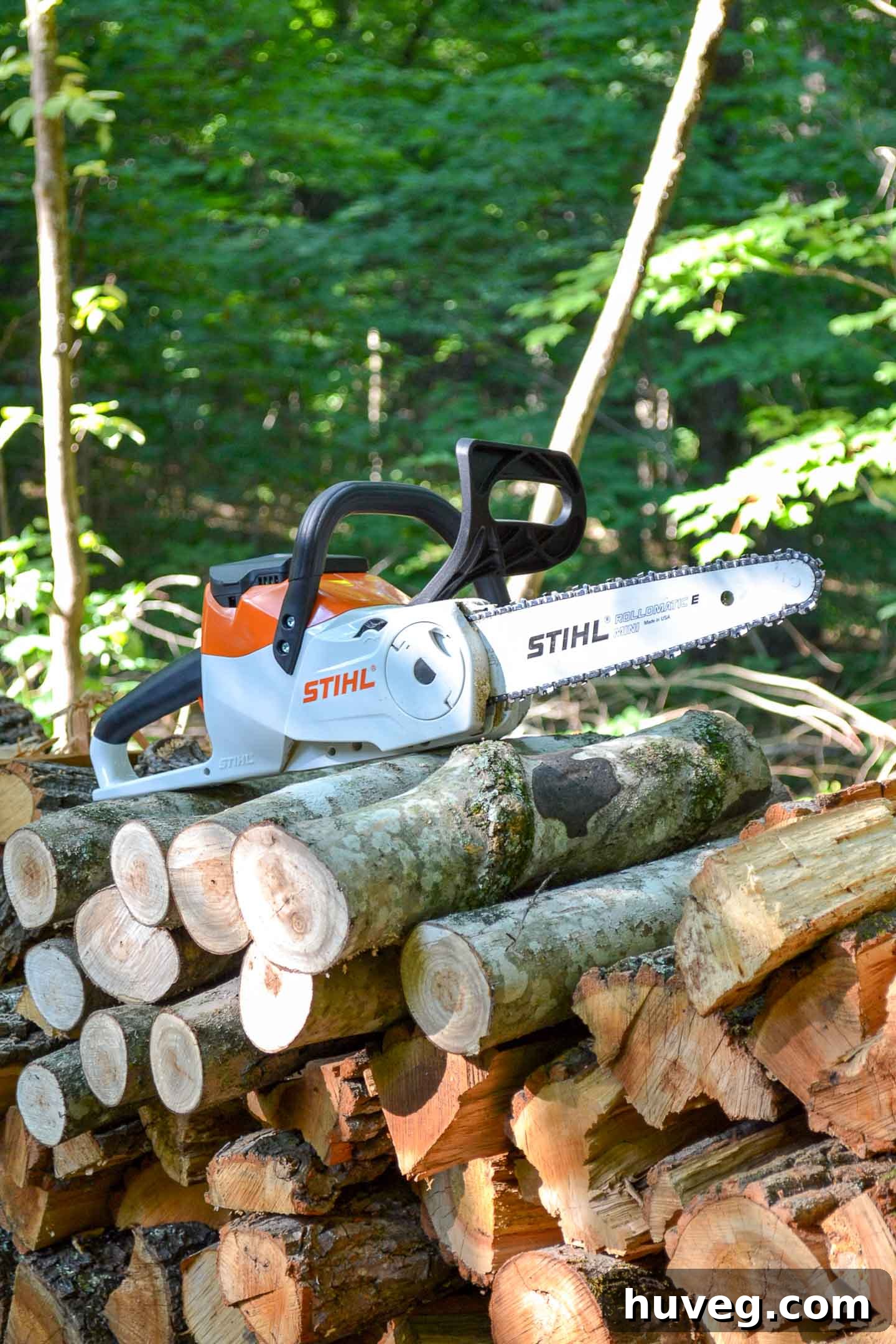 STIHL MSA 120 C-BQ battery chainsaw resting on a pile of cut wood, showcasing its compact design.