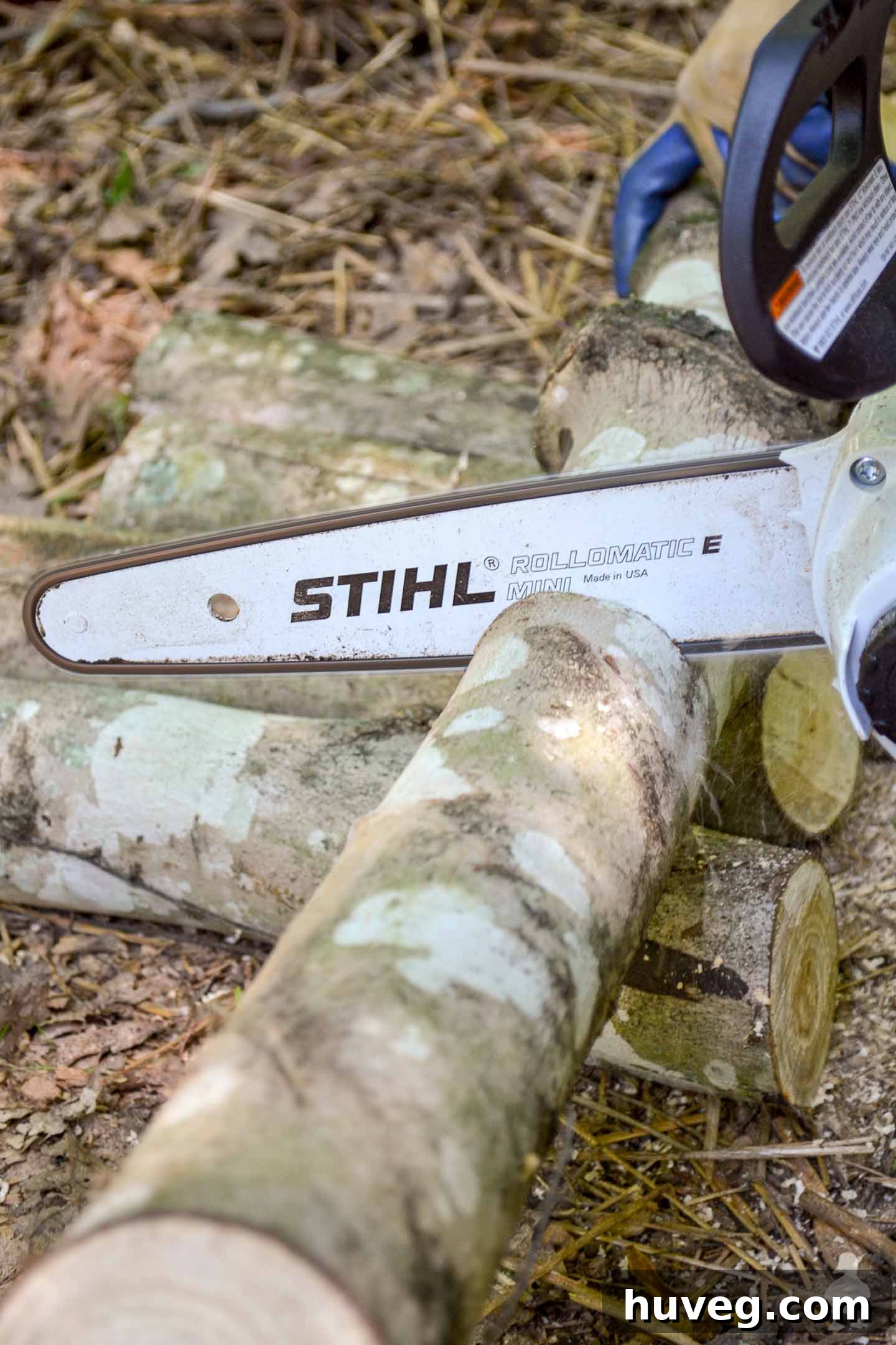 A close-up view of the STIHL chainsaw blade effortlessly slicing through a thick log, demonstrating its cutting power.