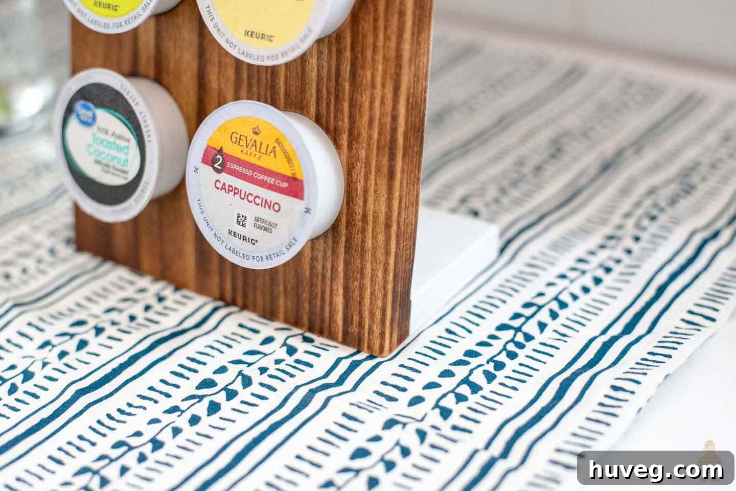 closeup of k cup holder on patterned napkin