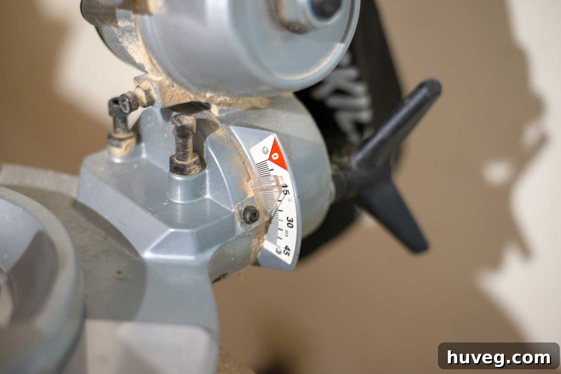 closeup of 12 degree angle on miter saw