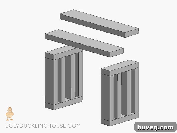 Outdoor bench seat full assembly showing legs and seat coming together - animated GIF tutorial for DIY furniture